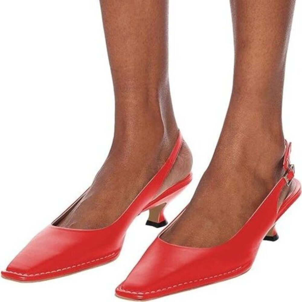 XYD Bright Red Pointed Slingback Kitten Heels